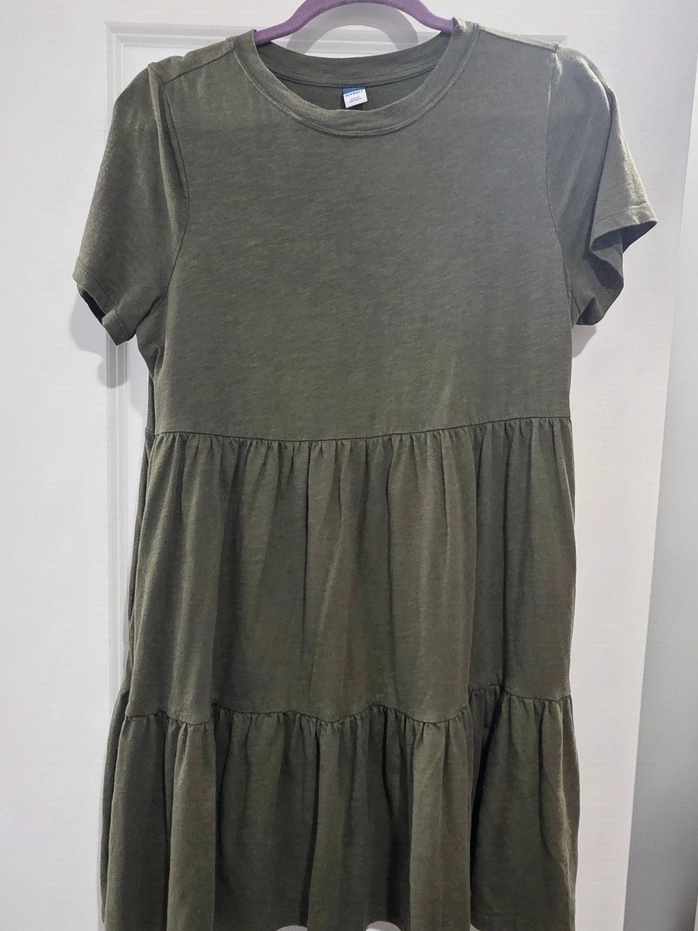Old Navy Tiered Slub-Knit T-Shirt Swing Dress Olive Green Pockets Medium